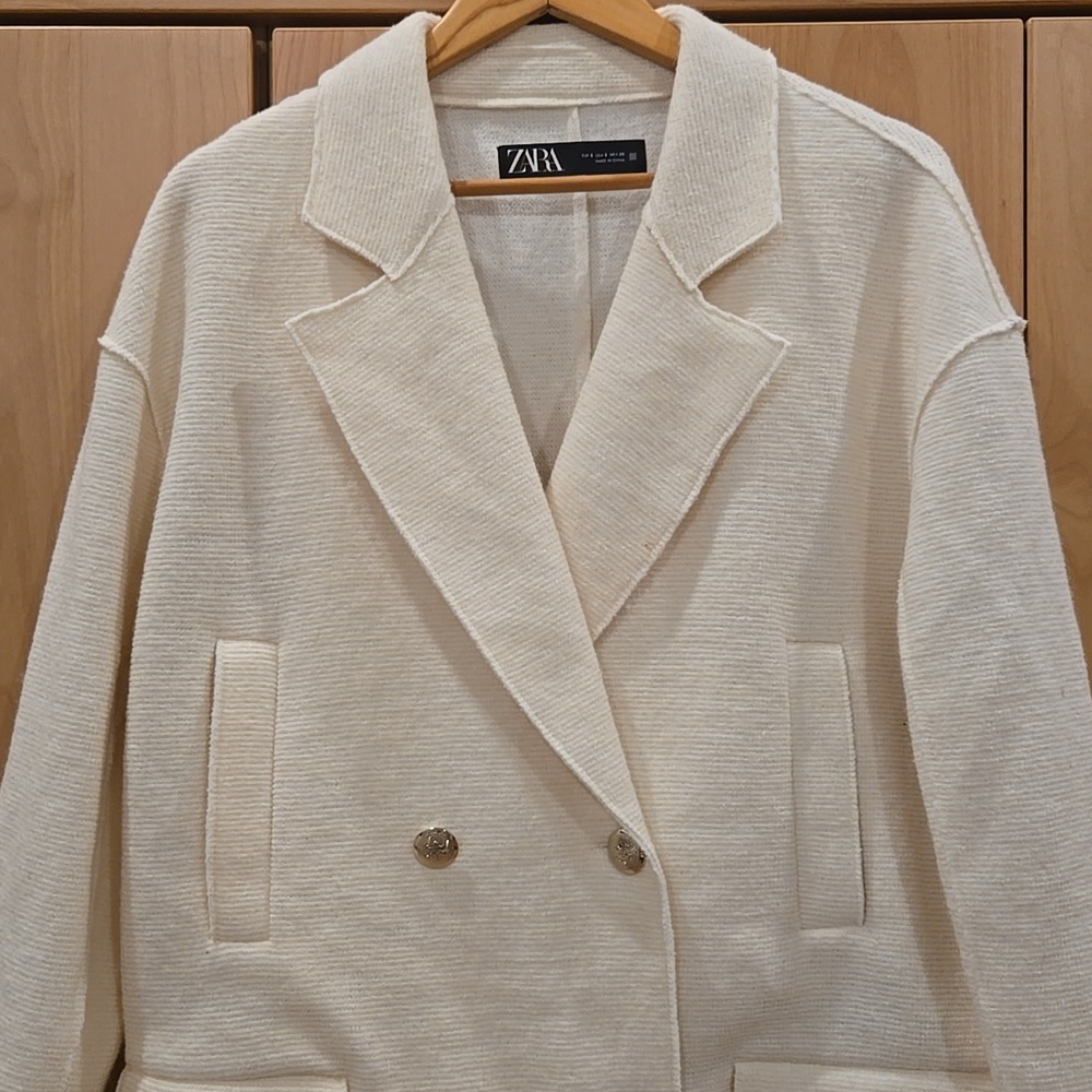 Zara Women's Blazer Coat, Wool Blend, Unlined, Creamy White, Buttons, Small - Picture 3 of 16